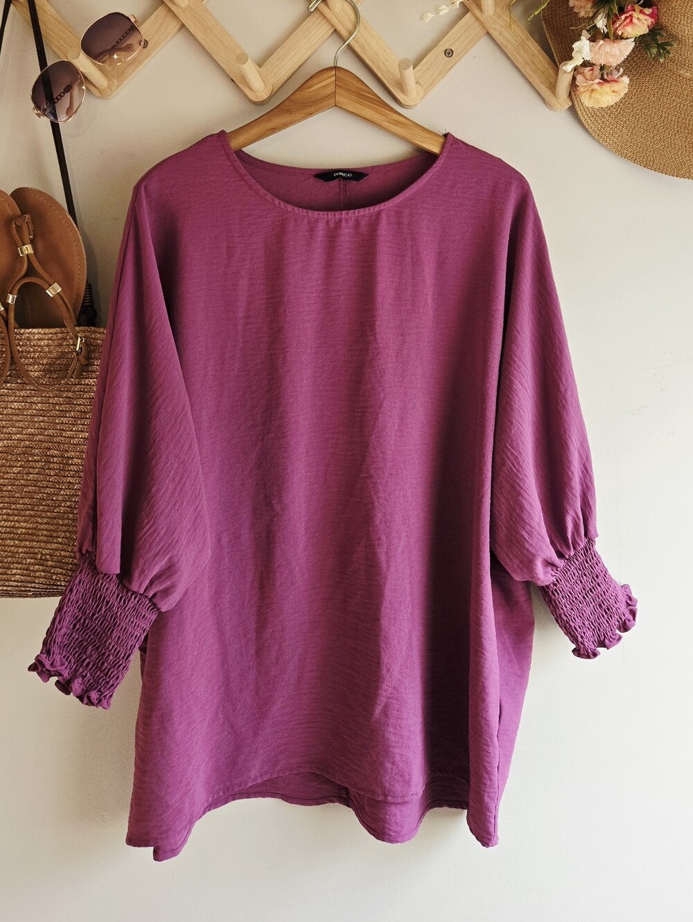 Smocked Cuff Relaxed Tunic in Plum